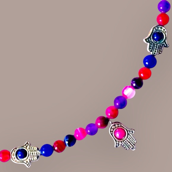Handmade Jewelry - Hamsa Hand & Agate beaded Pink, Blue, Purple, & Silver Beaded Necklace Toggle